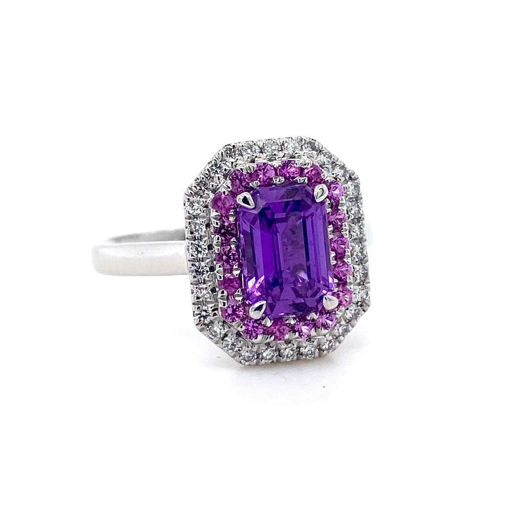 Platinum, 1.55ct Purple Sapphire & Diamond Double Halo Cluster Ring