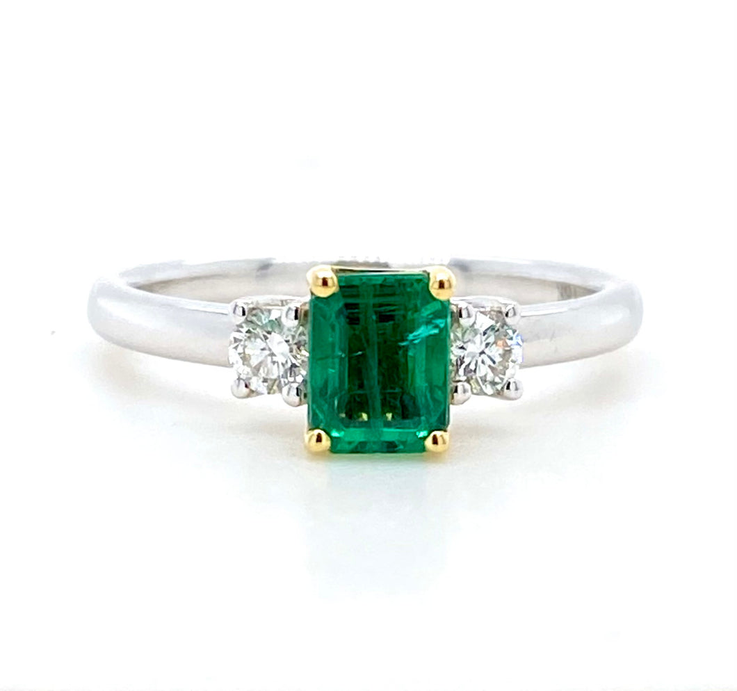 18ct White Gold, 0.79ct Emerald & Diamond Trilogy Ring