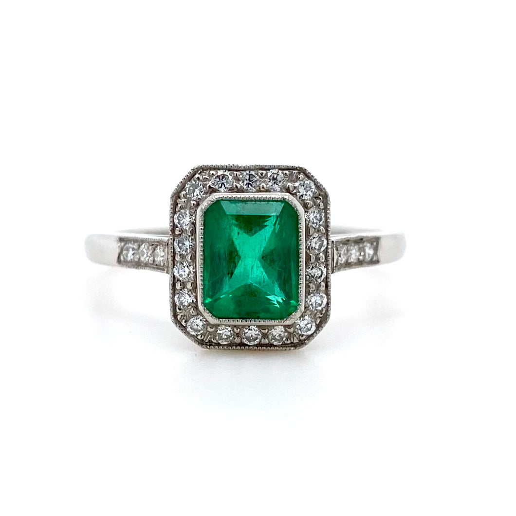 Platinum, 0.89ct Emerald & Diamond Cluster Ring