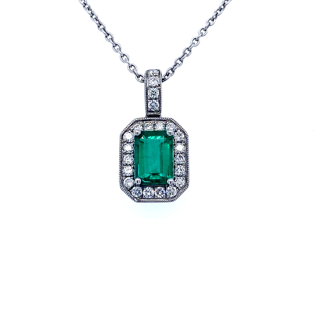 18ct White Gold, 0.69ct Emerald & Diamond Cluster Pendant