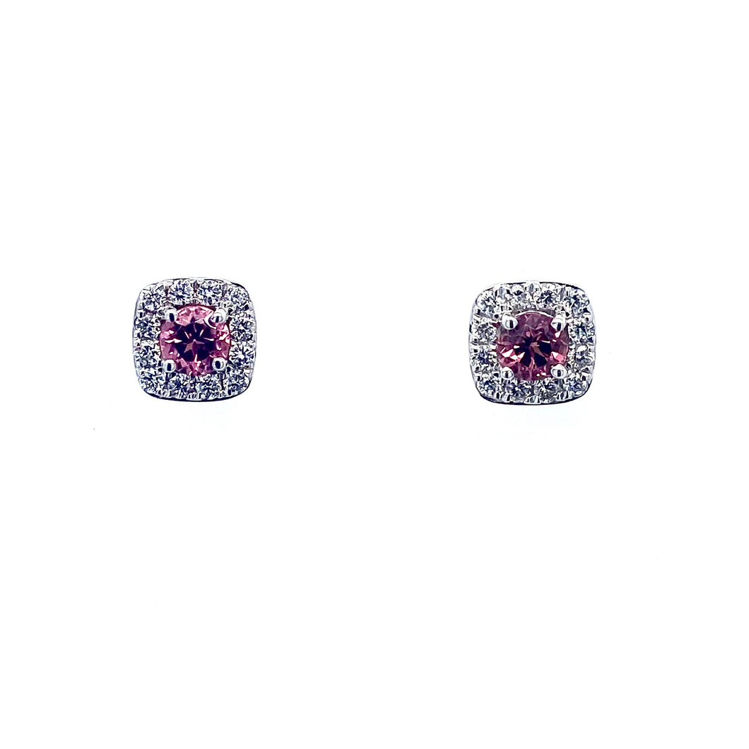 18ct White Gold, Pink Tourmaline & Diamond Cluster Earrings