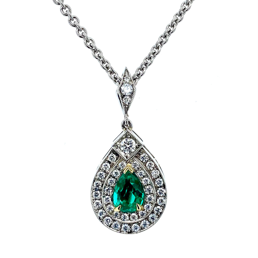 Platinum & 18ct Yellow Gold, 0.43ct Emerald & Diamond Cluster Pendant