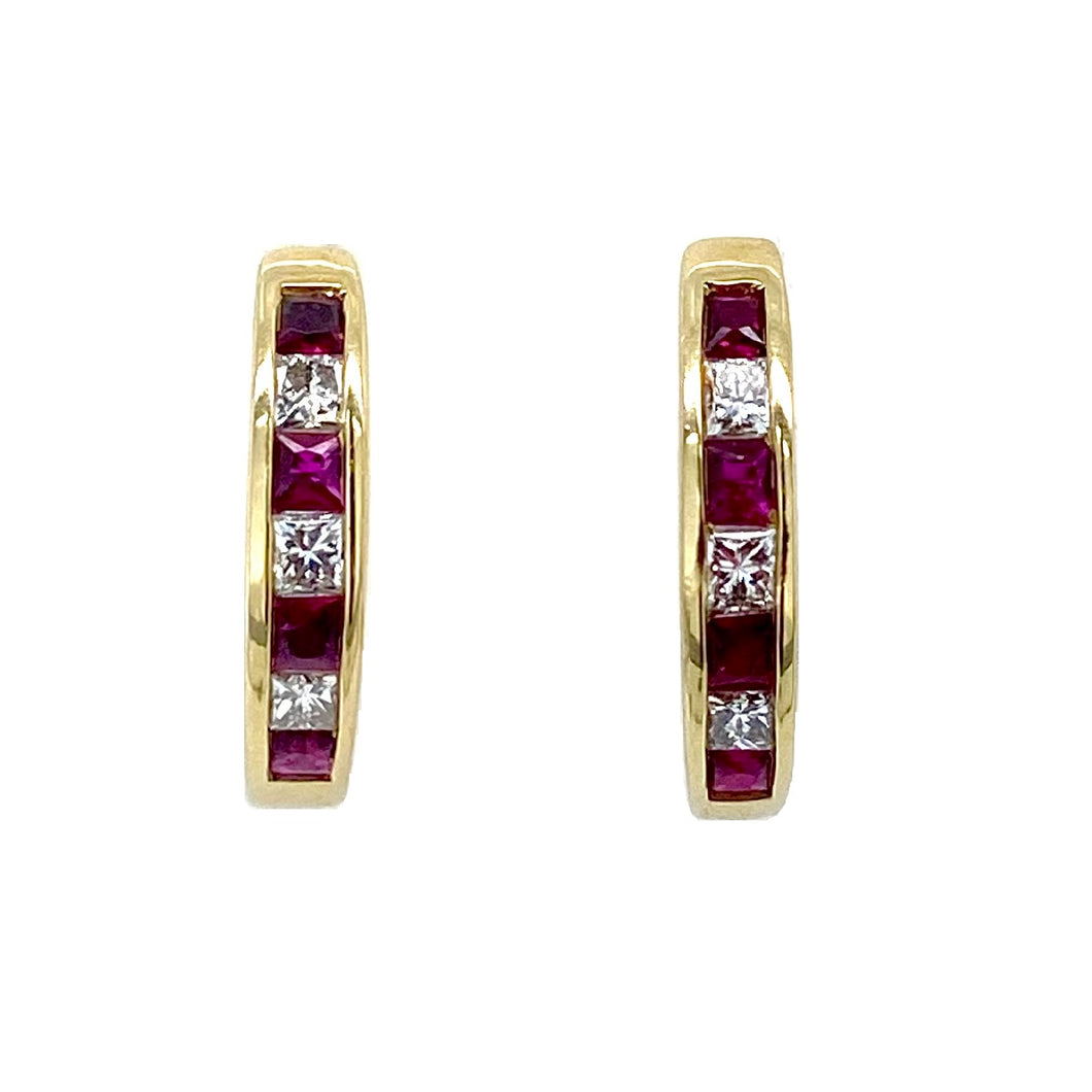 18ct Yellow Gold, Ruby & Diamond Hoop Earrings