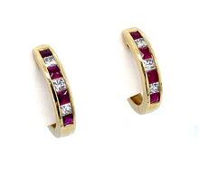 Load image into Gallery viewer, 18ct Yellow Gold, Ruby &amp; Diamond Hoop Earrings
