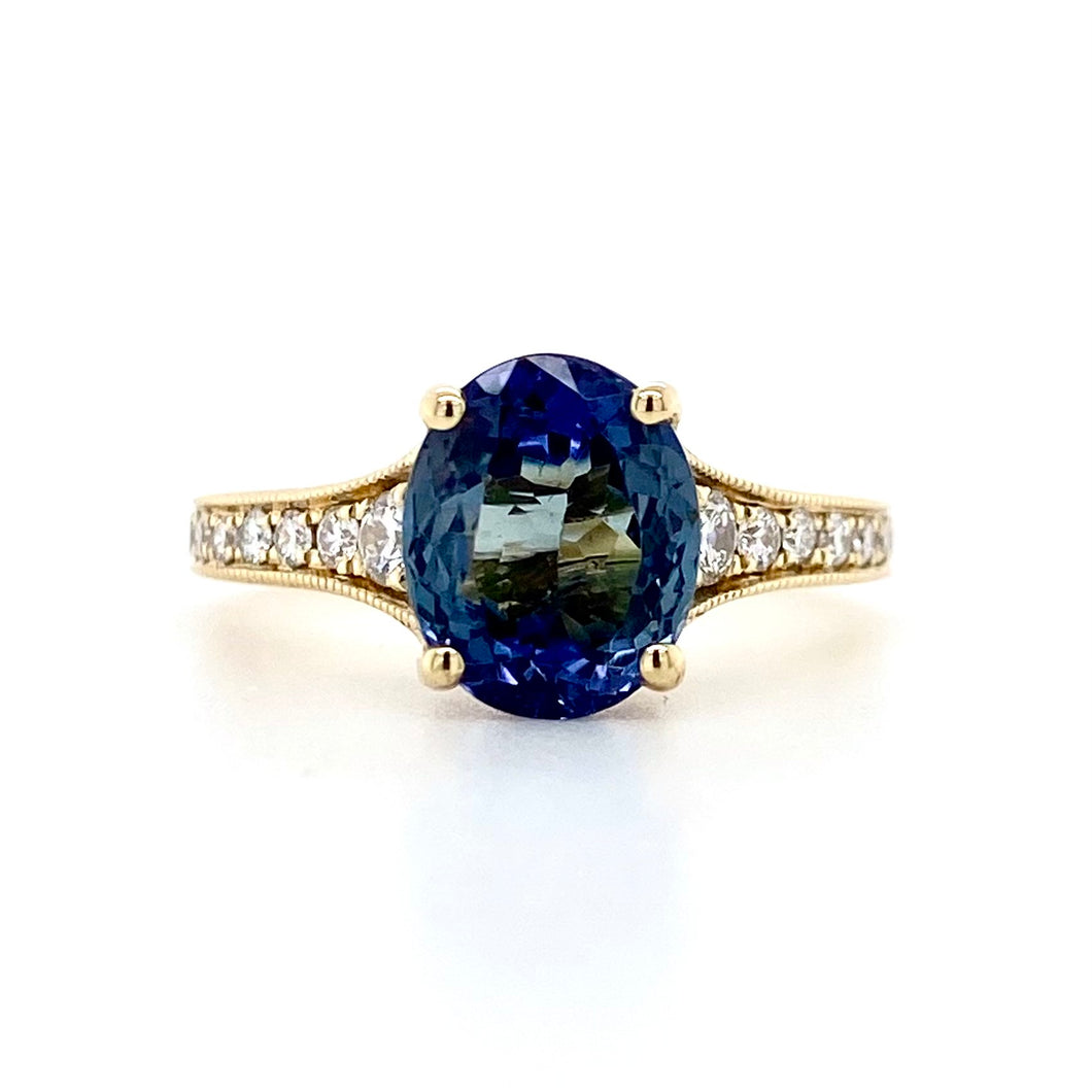 18ct Yellow Gold, 2.45ct Bi-colour Tanzanite & Diamond Ring